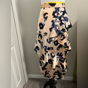 Satin leopard midi skirt with cascading ruffles